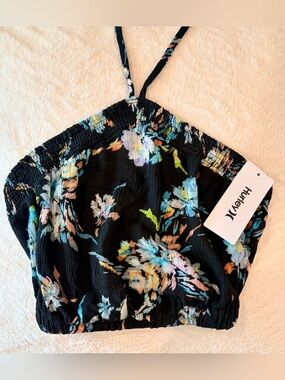 NWT Hurley Black Floral Smocked Halter Crop Top